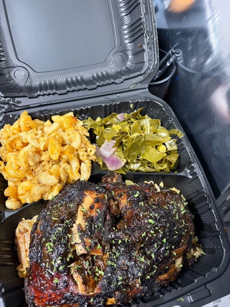 Jerk chicken with mac and cheese and greens from My Mama’s DoorDash menu